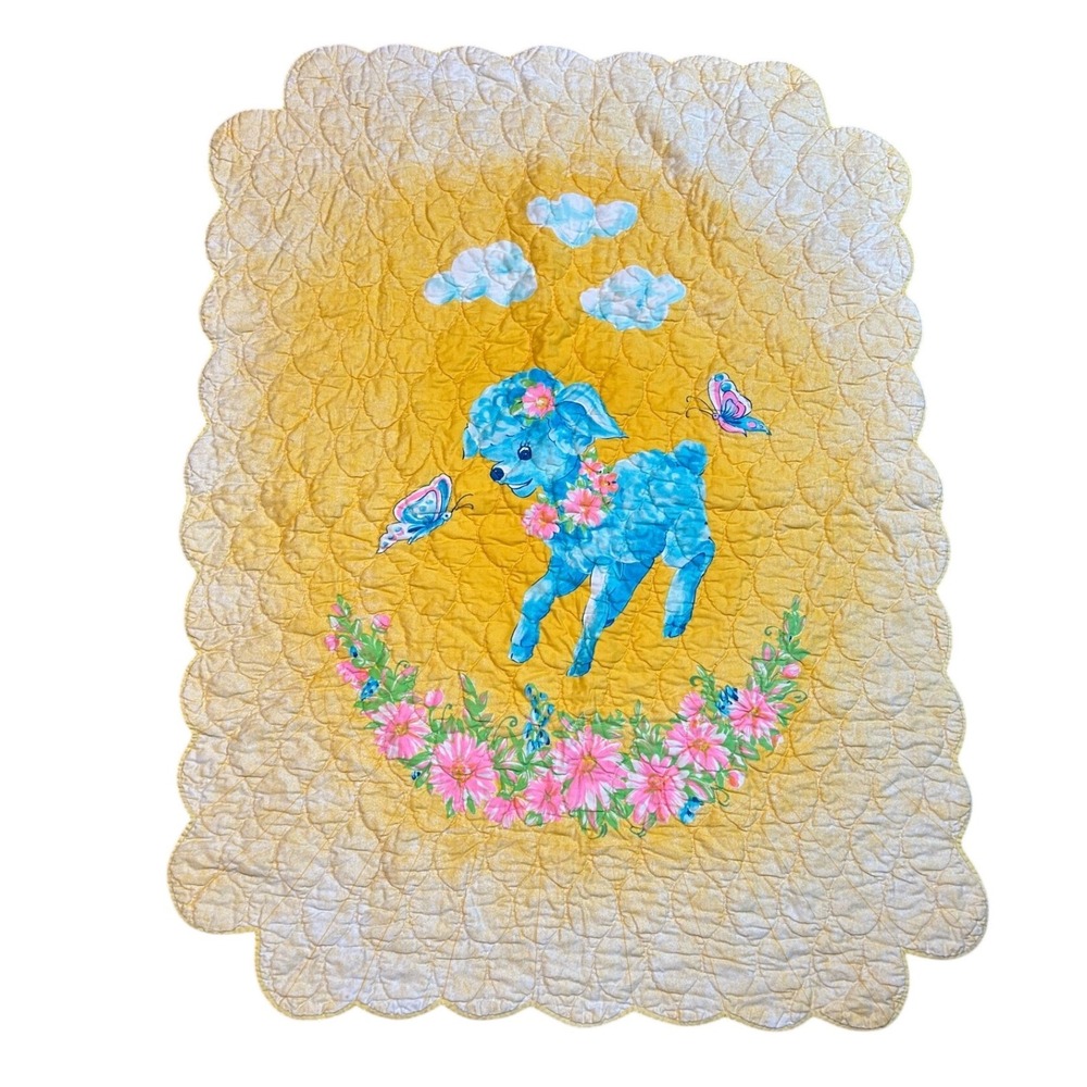 Vintage Kitsch Blue Lamb Baby Blanket Quilted Scalloped Yellow Floral Nursery